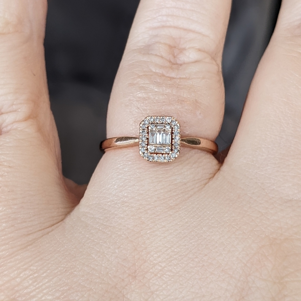 10K Rose Gold Round And Baguette Cut Diamond Cluster Ring - Picture 6 of 12